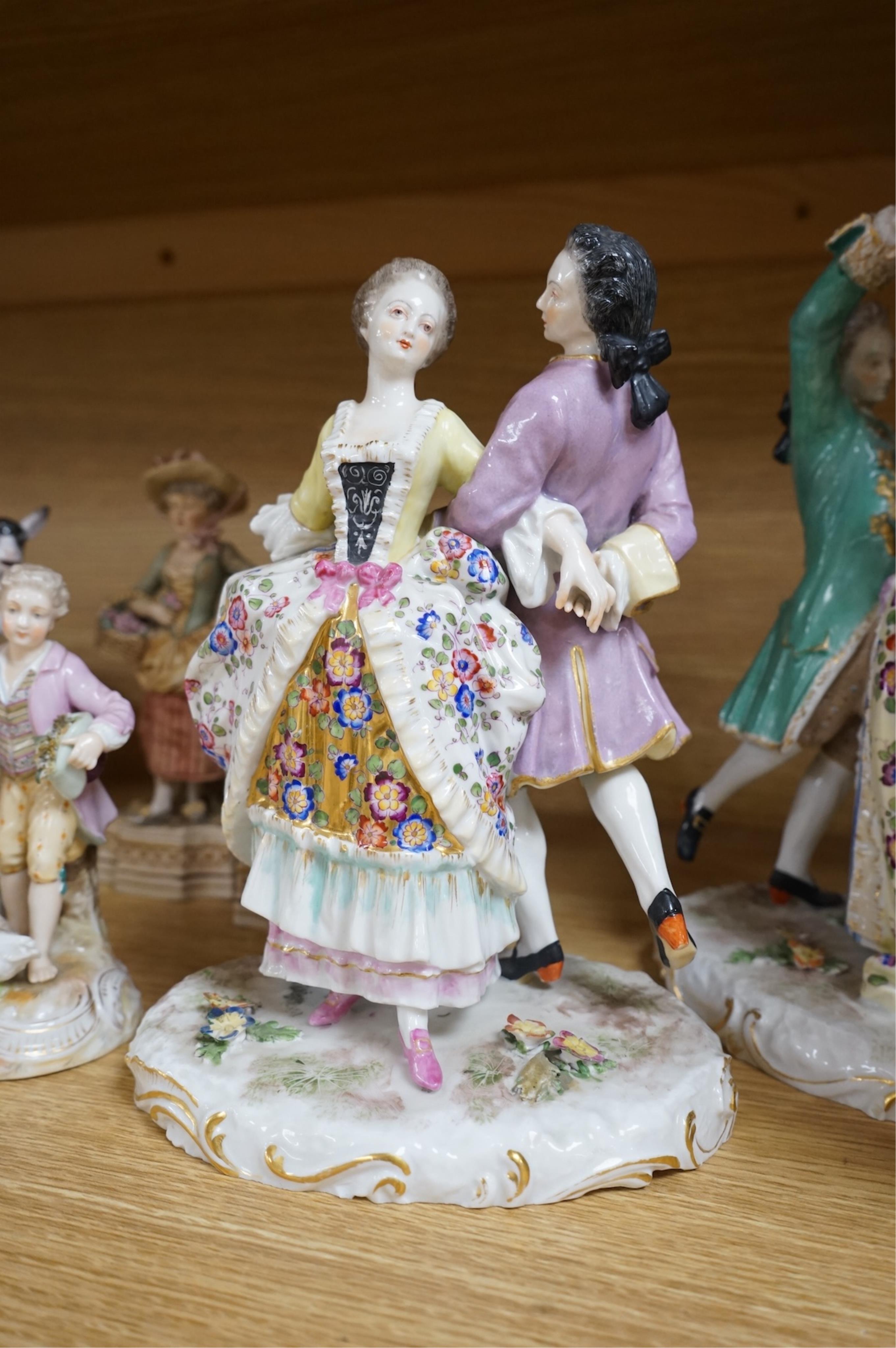 Late 19th century figure groups, including a pair of Samson dancing figures, pair of figures with chicken, pair of Royal Dux Rosenthal and another pair (9), tallest 25cm